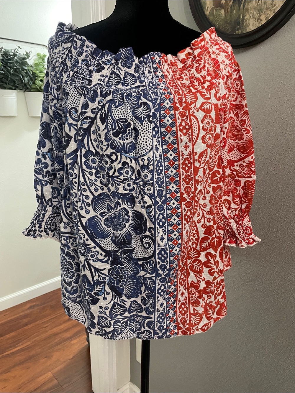 Chico's Off-Shoulder Split Floral Blouse in Red and Blue - Picture 3 of 12